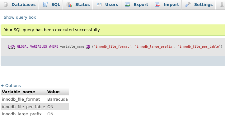 SHOW GLOBAL VARIABLES in phpMyAdmin